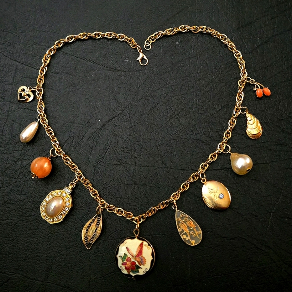 Custom one of a kind vintage locket pearls multi charm necklace